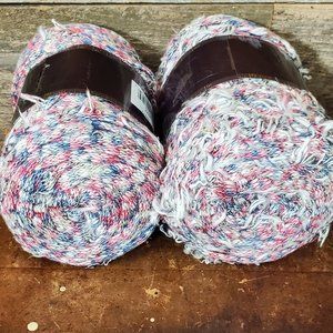 2 Skeins Lion Brand Fettuccini Fabric Remnant Yarn - Red, White, Blue Tweed #132